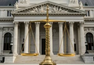 balanza de justicia y edificio gubernamental clasico