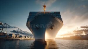 buque entrando puerto maritimo al amanecer