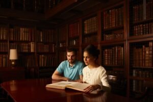 estudiantes de derecho en biblioteca antigua