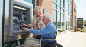 jubilados felices usando cajero automatico banco