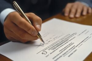 mano firmando documento oficial sobre escritorio