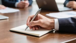 persona escribiendo nota formal en escritorio madera