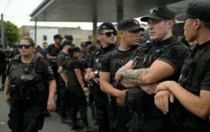 policia argentino en uniforme patrullando calle