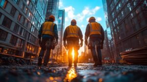 trabajador caminando hacia su empleo urbano